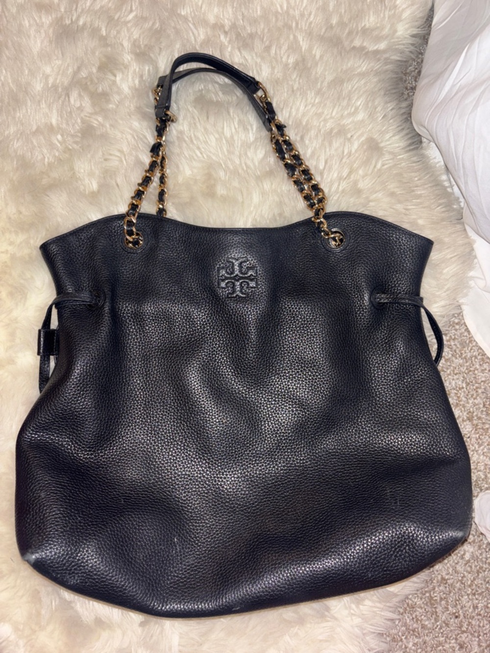 Tory Burch Thea Black Leather Slouchy Chain Tote Shoulder Bag